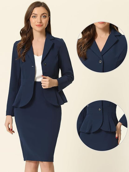 Women’s 2-Piece Skirt Suit Set – Formal Office Outfit with Peplum Blazer & Pencil Skirt, Notched Lapel Business Attire