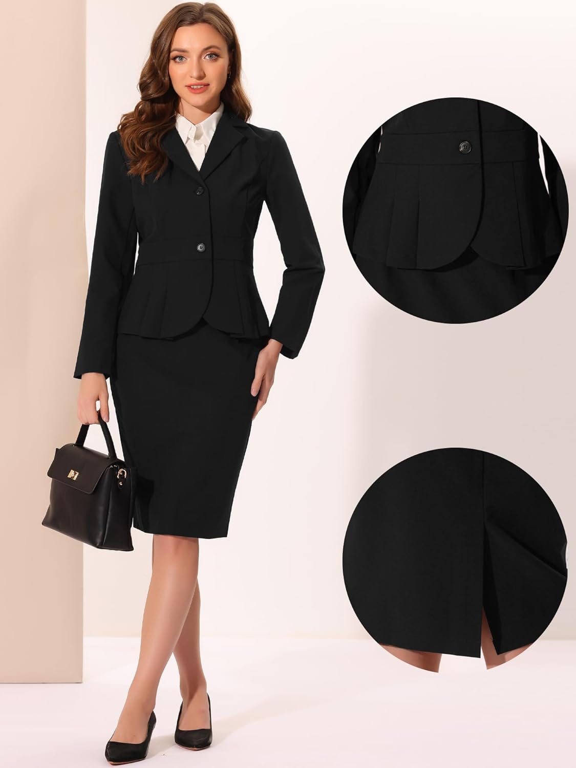 Women’s 2-Piece Skirt Suit Set – Formal Office Outfit with Peplum Blazer & Pencil Skirt, Notched Lapel Business Attire