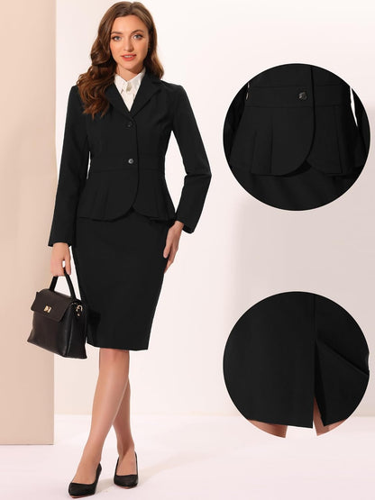 Women’s 2-Piece Skirt Suit Set – Formal Office Outfit with Peplum Blazer & Pencil Skirt, Notched Lapel Business Attire