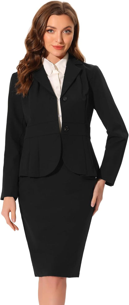 Women’s 2-Piece Skirt Suit Set – Formal Office Outfit with Peplum Blazer & Pencil Skirt, Notched Lapel Business Attire