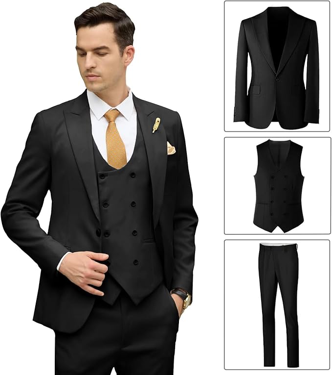Mens Suit Slim Fit 3 Piece Double Breasted Suit Men Formal Tuxedo Set Casual Wedding Prom Groom Suits