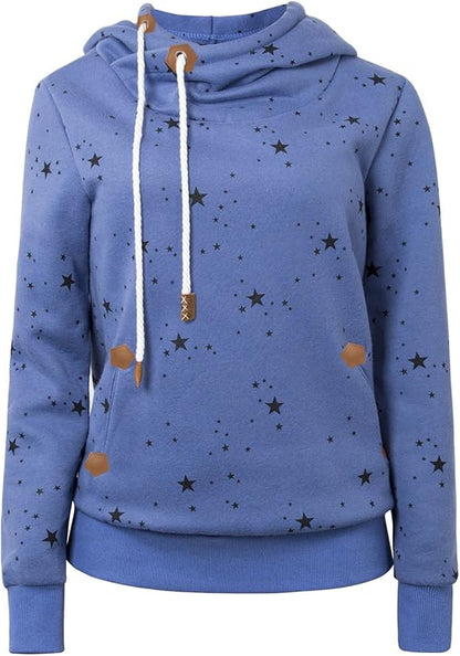 Womens Hoodies Long Sleeve High Necked Printed Hoodies Casual Comply Pullover Sweatshirts with Pockets