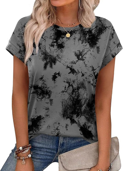 Womens Summer Tops Floral Printed Short Cap sleeve Shirts Crew Neck Cute Fashion Dressy Tunic Blouses for UK