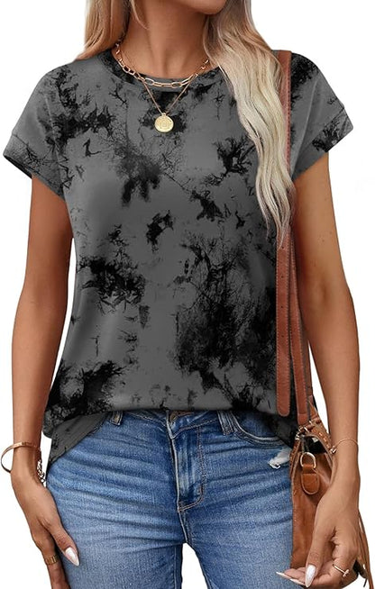 Womens Summer Tops Floral Printed Short Cap sleeve Shirts Crew Neck Cute Fashion Dressy Tunic Blouses for UK