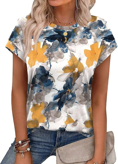 Womens Summer Tops Floral Printed Short Cap sleeve Shirts Crew Neck Cute Fashion Dressy Tunic Blouses for UK