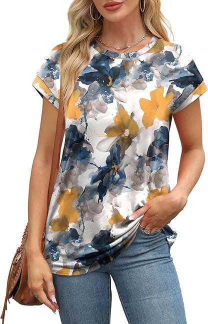 Womens Summer Tops Floral Printed Short Cap sleeve Shirts Crew Neck Cute Fashion Dressy Tunic Blouses for UK