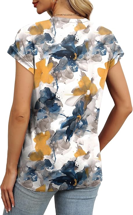 Womens Summer Tops Floral Printed Short Cap sleeve Shirts Crew Neck Cute Fashion Dressy Tunic Blouses for UK