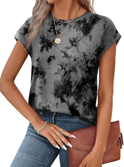 Womens Summer Tops Floral Printed Short Cap sleeve Shirts Crew Neck Cute Fashion Dressy Tunic Blouses for UK