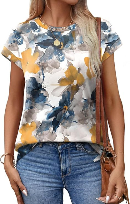 Womens Summer Tops Floral Printed Short Cap sleeve Shirts Crew Neck Cute Fashion Dressy Tunic Blouses for UK