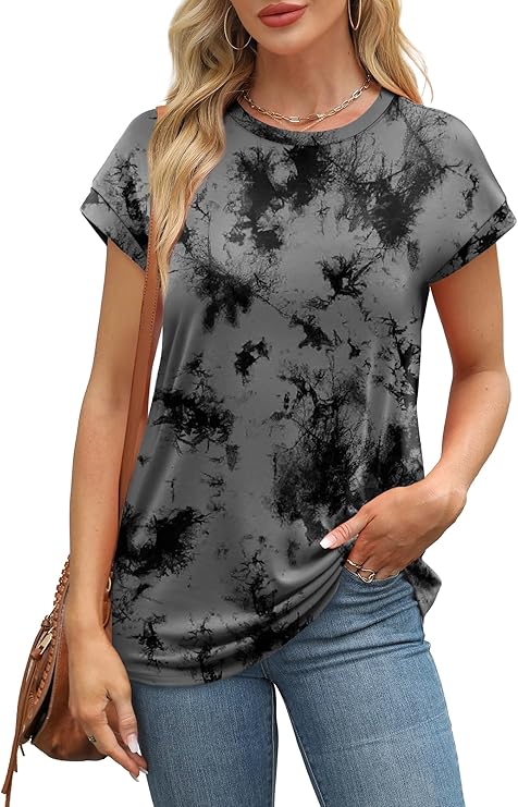 Womens Summer Tops Floral Printed Short Cap sleeve Shirts Crew Neck Cute Fashion Dressy Tunic Blouses for UK